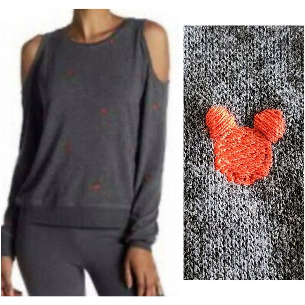 David Lerner Gray Cold-Shoulder Crewneck Sweater with Orange Embroidery